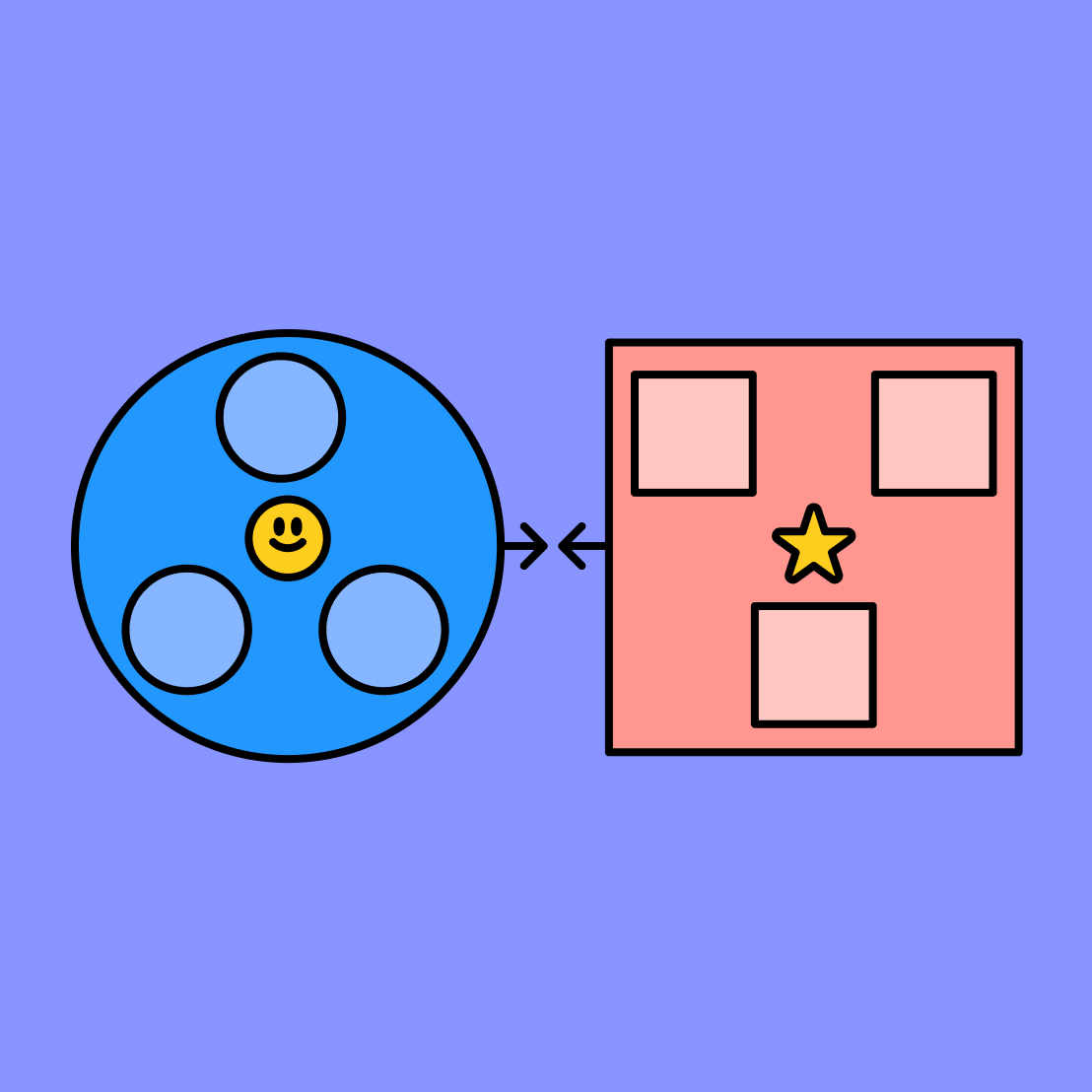 large blue circle next to a large red square with smaller circles and smaller squares over each shape