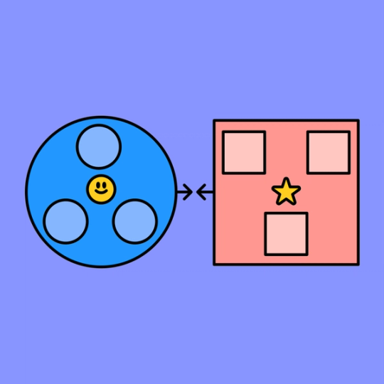 large blue circle next to a large red square with smaller circles and smaller squares over each shape