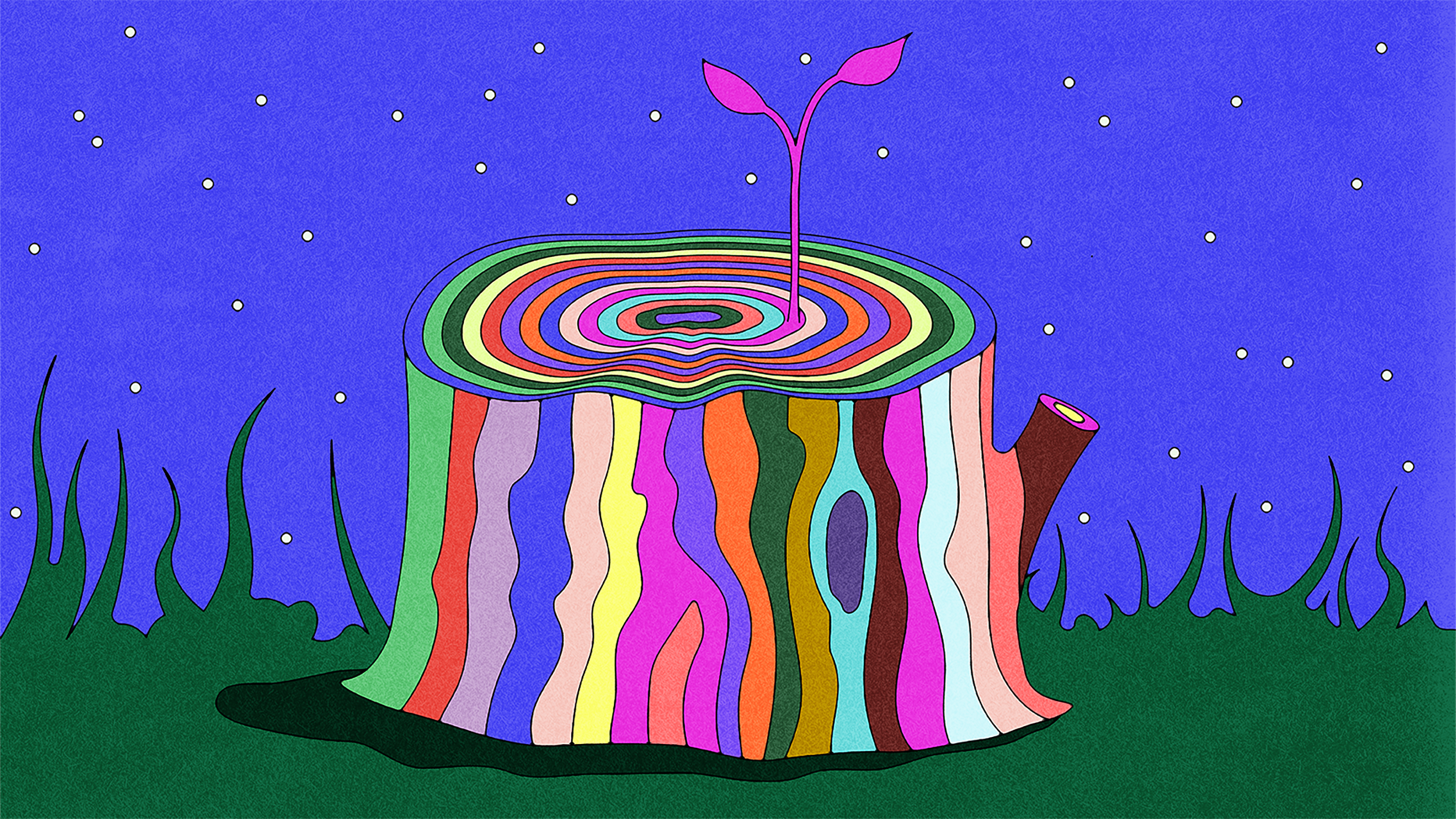 Illustration of a technicolor tree stump growing a sprout against a starry night sky
