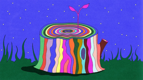 Illustration of a technicolor tree stump growing a sprout against a starry night sky