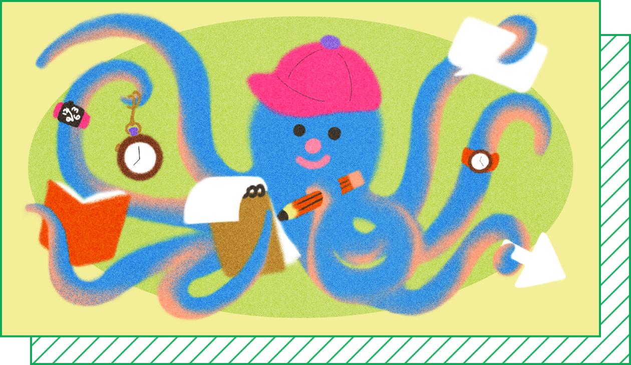 An illustration of an octopus in a pink cap writing in a notepad and holding various objects in its other arms.