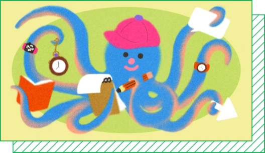 An illustration of an octopus in a pink cap writing in a notepad and holding various objects in its other arms.