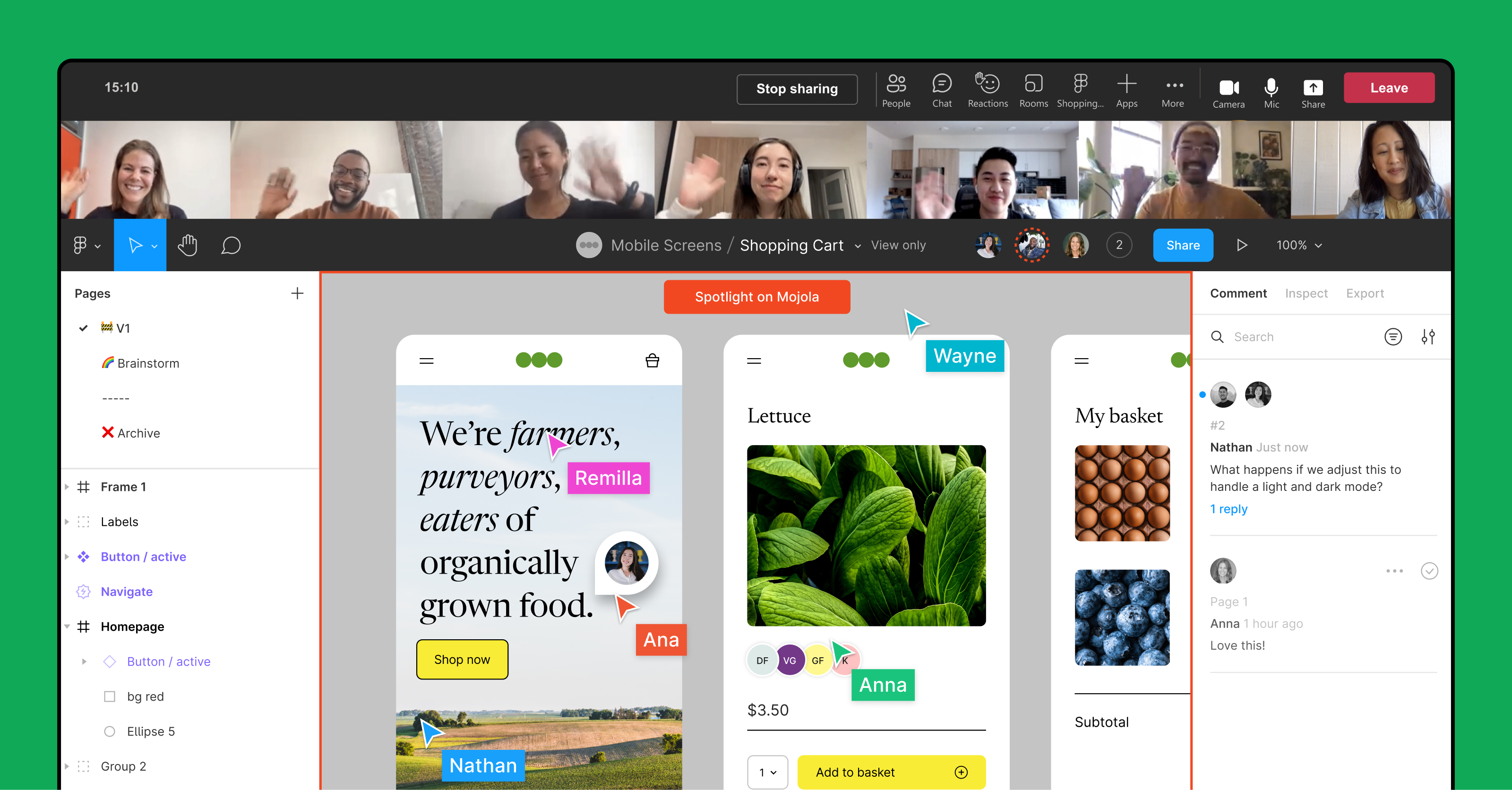 An image of a Figma file being presented, and images of participants on a video call at the top.