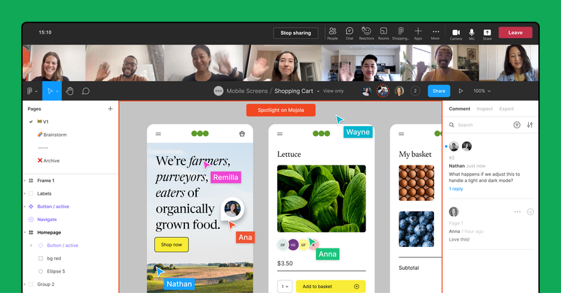 An image of a Figma file being presented, and images of participants on a video call at the top.