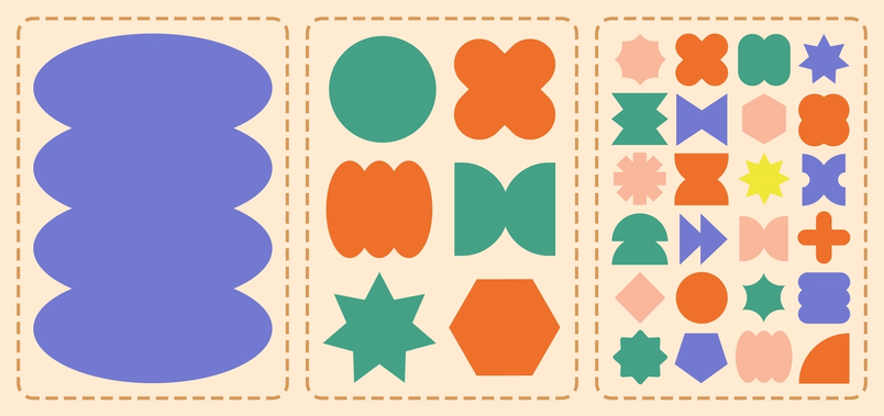 Trois rectangles contenant un nombre croissant de formes