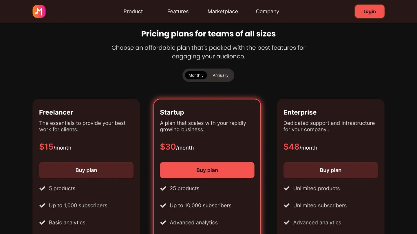 Pricing page template with a dark theme and red accents.