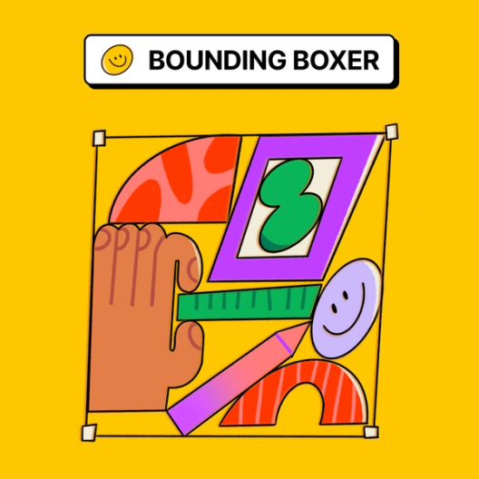 A large hand holding a ruler between its index finger and thumb with various geometric shapes including a smiling face and thick pencil-like drawing utensil.