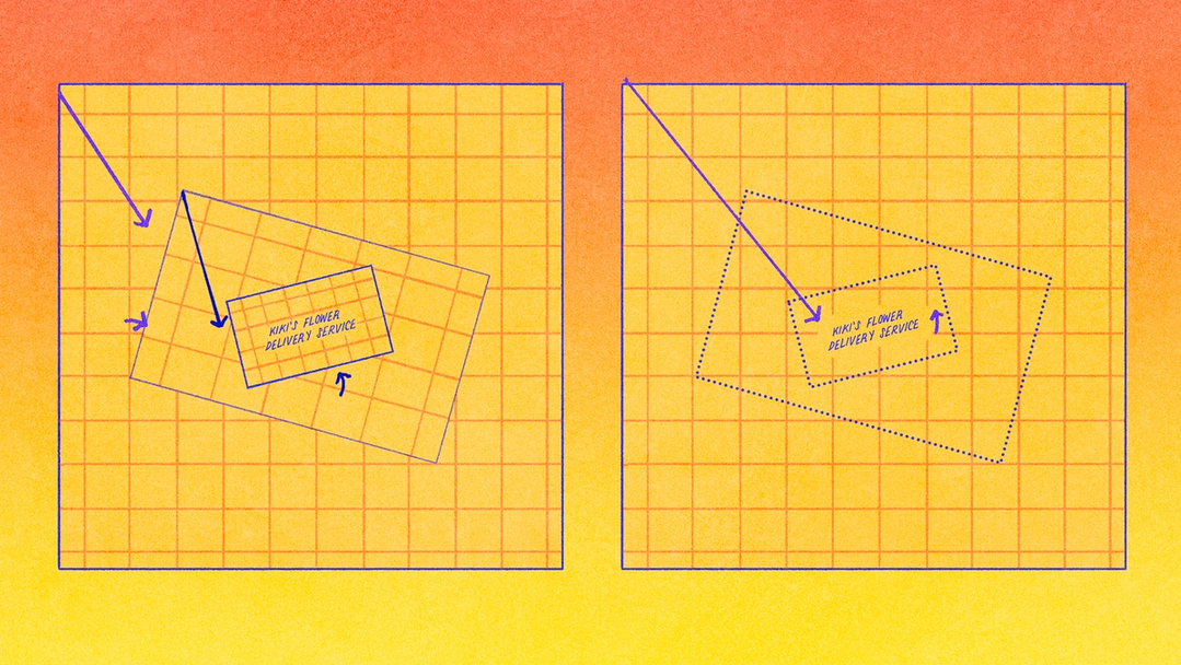 Two diagrams compare how rotated interface elements are interpreted, with solid outlines on the left and simplified dotted outlines on the right around a "Kiki's Flower Delivery Service" card.