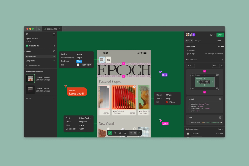 figma file design with dev mode enabled and code information for build