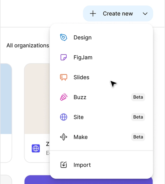 A screen showing the option to open various Figma products