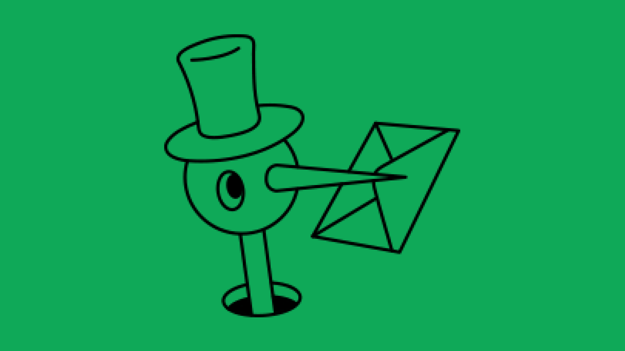 An illustration of a bird’s head coming up out of a hole. It’s wearing a top hat and holding an envelope in its beak.