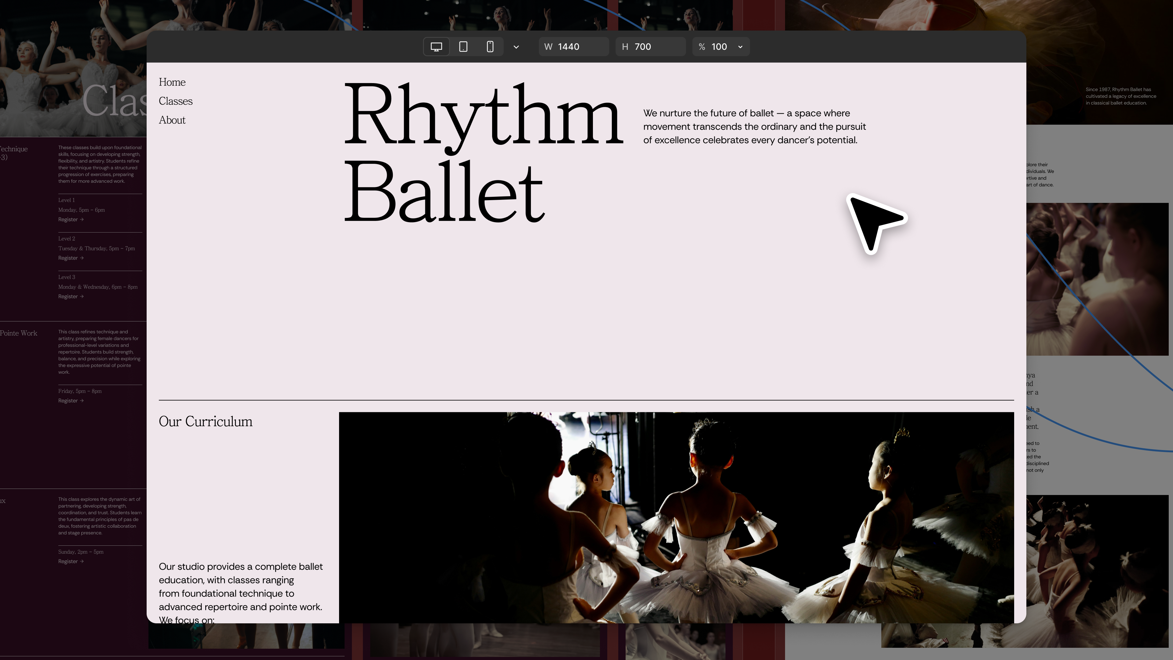 Ein Cursor navigiert über einen Prototyp einer Website zu „Rhythm Ballet“, die einen hellrosa Hintergrund und ein Foto von Balletttänzern zeigt.