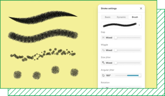 Drawing interface showing black brush strokes on yellow background, with brush style menu and Doo-wop selected.