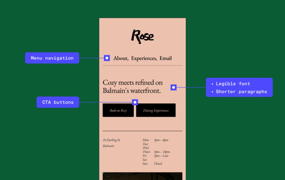 A screenshot of a mobile web page template highlighting key features including cta buttons, font styles and navigation.