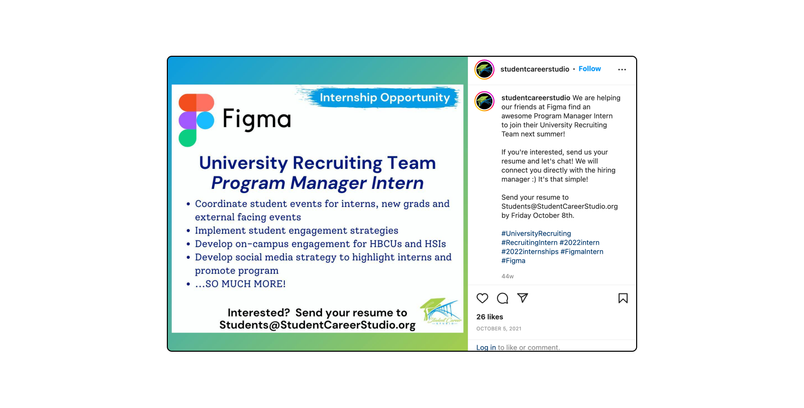 Instagram post advertising Figma internship. "University recruiting team program manager intern"