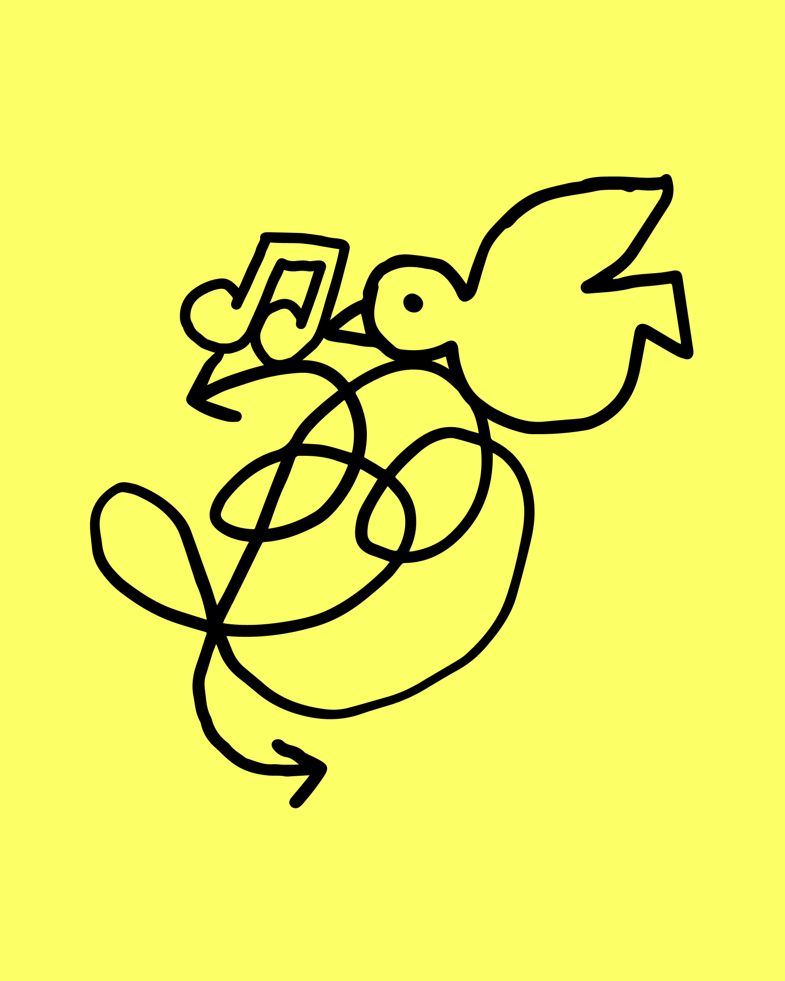 An illustration of a music symbol, a dove and a squiggly line, all set against a yellow background