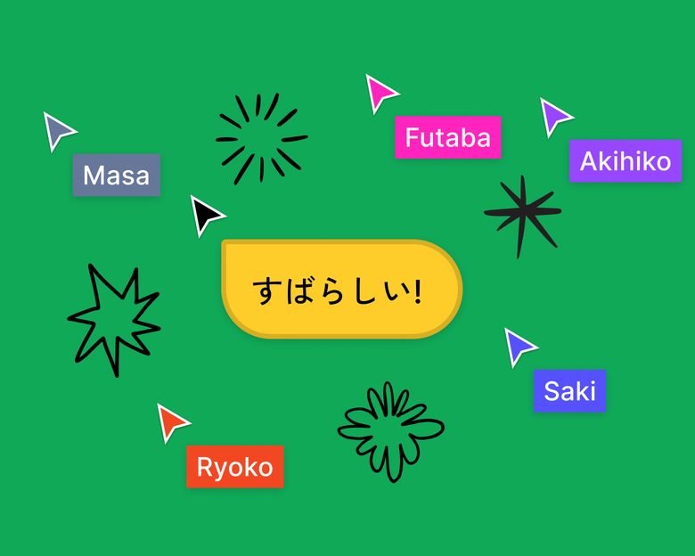 5人のチームメイトのカーソルが背景が緑の黒い星のイラスト上にカーソルを合わせており、黄色のカーソルチャットで「Looks great!」と示されている。