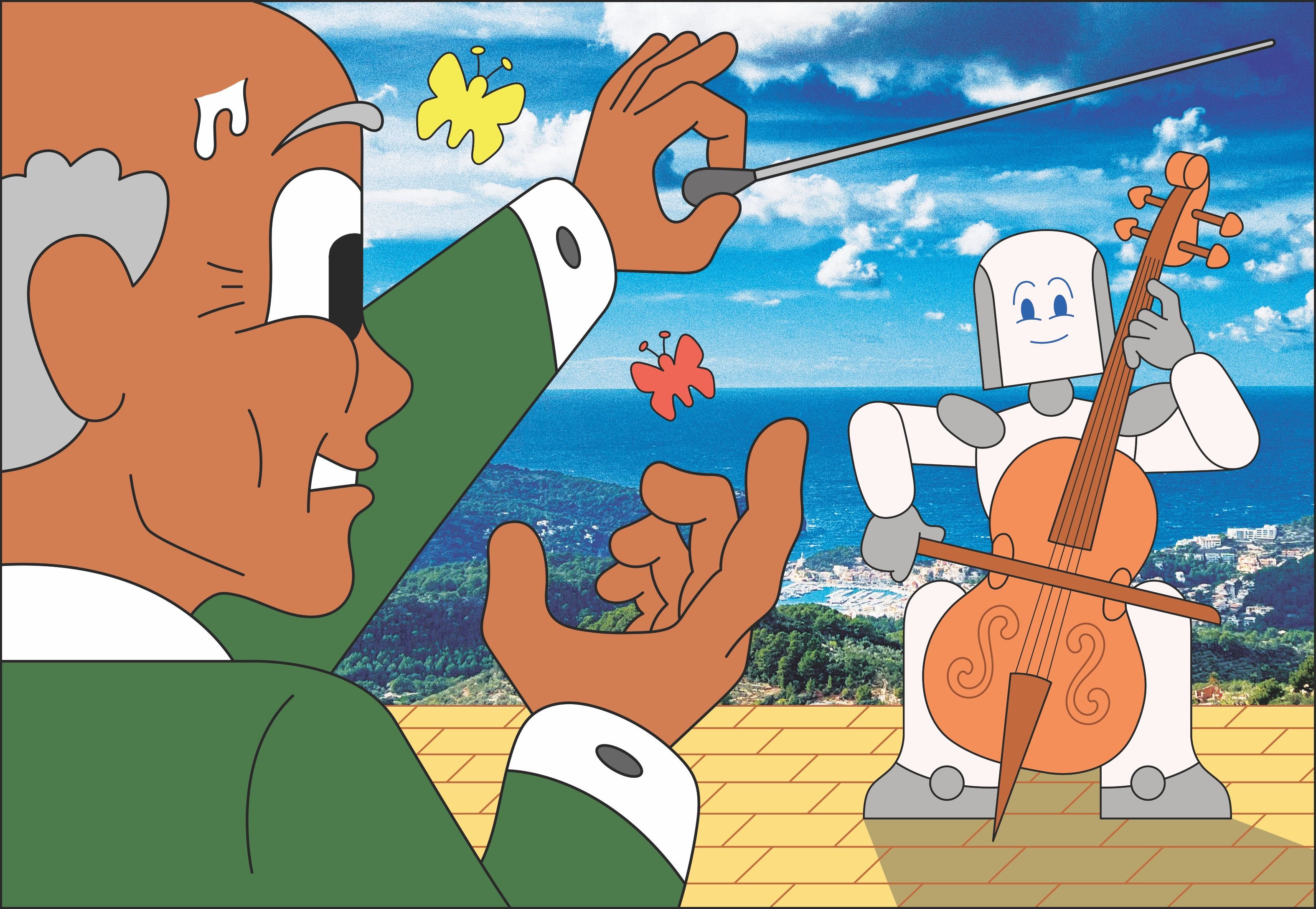 An illustration of a conductor waving a baton in front of a robot playing the cello