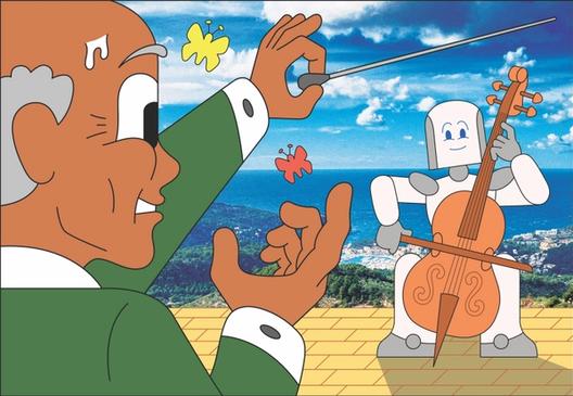 An illustration of a conductor waving a baton in front of a robot playing the cello