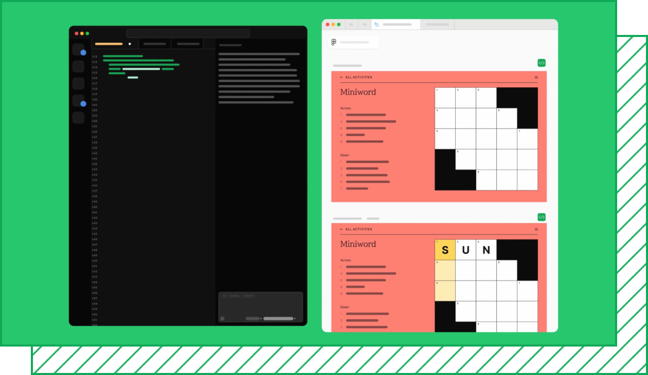 Illustrated panels showing a code interface and a mini crossword app