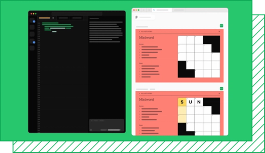 Illustrated panels showing a code interface and a mini crossword app