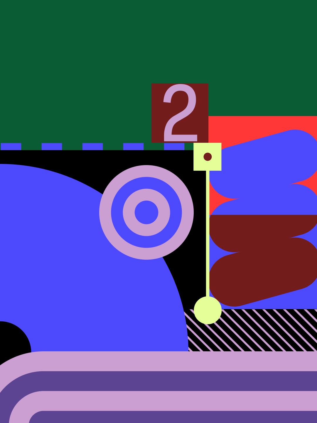 Abstract graphic with geometric shapes in bold colors. A large purple quarter-circle and concentric rings appear on the left, a red square with a lavender number '2' sits at the top center, and a vertical yellow line connects circular and square nodes. The background includes dark green, black, red, and purple rectangles, with additional shapes in blue and maroon layered throughout.