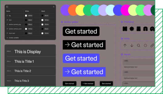 Examples of Figma’s web system including variables, “Get started” buttons, colors, and display and title type.