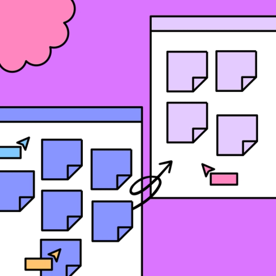 Pfeil, der von einer Wand mit Notizen auf eine andere Wand mit Notizen zeigt