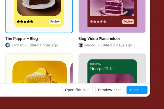 A file management interface highlighting options like "Open file," "Preview," and "Insert," showing various blog posts and recipe cards.