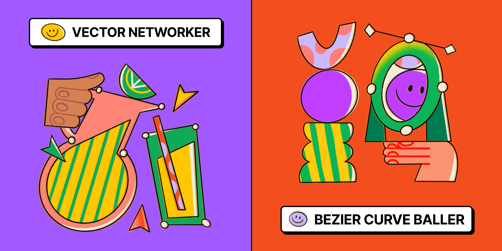 side-by-side illustrations showing vector networker and bezier curve baller