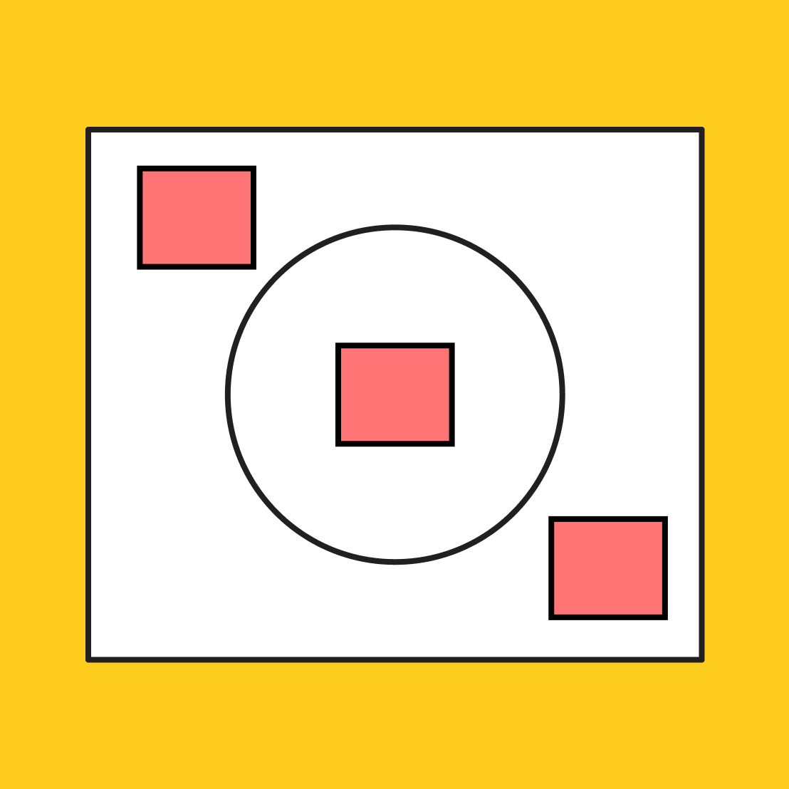 large white rectangle with three red squares placed diagonally across it