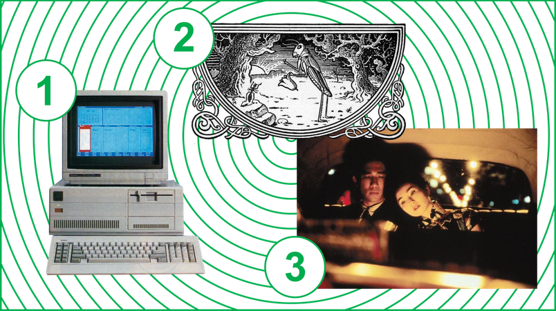 A collage shows 1. an old desktop computer 2. an illustration of the ant and grasshopper fable 3. a still from a Wong Kar Wai film