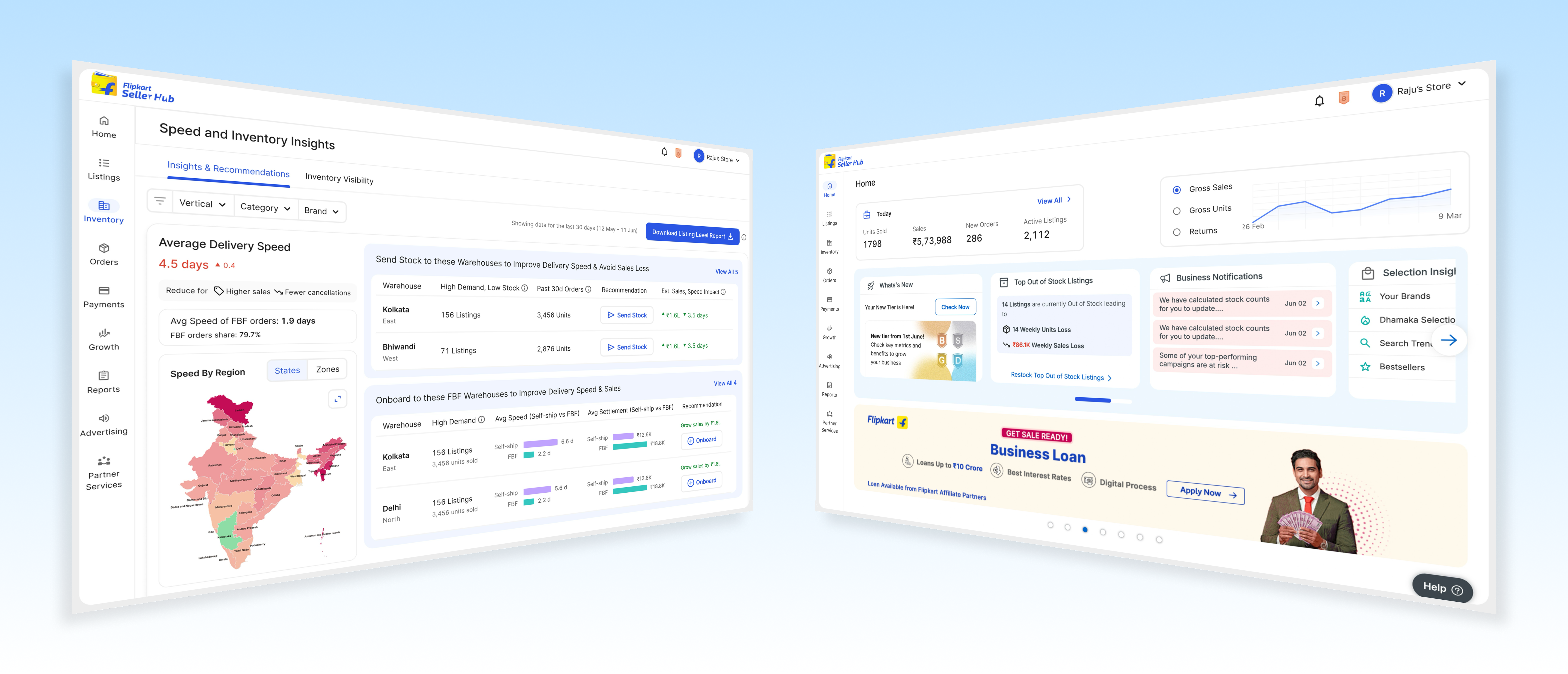 Two computer screens showing enterprise workflows