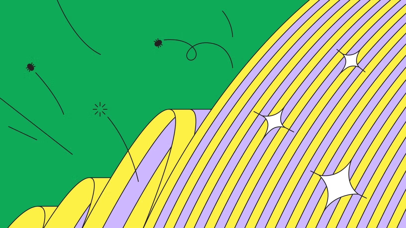 Abstract artwork with curved yellow and purple stripes against a green background decorated with sparkles and line accents.