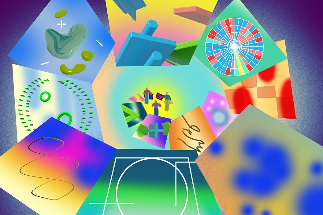 Digital collage of abstract, colorful cards arranged in a circular formation on a gradient background. Each card contains unique shapes or patterns—such as a radial chart, a spiral line, circular dots, and color blobs. In the center, three human-like figures stand among arrows and geometric icons, all glowing with a soft yellow light.