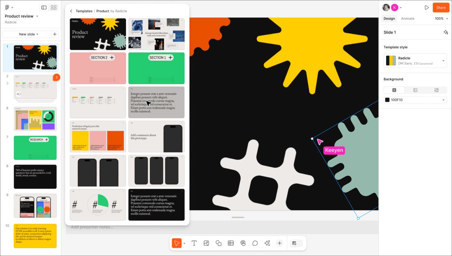 Figma Slides presentation tool interface, featuring a slide deck with a live design embed for stakeholder presentations and visual collaboration.