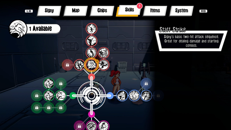 Skill tree menu showing available abilities, unlocked nodes, and description of the Staff Strike attack.