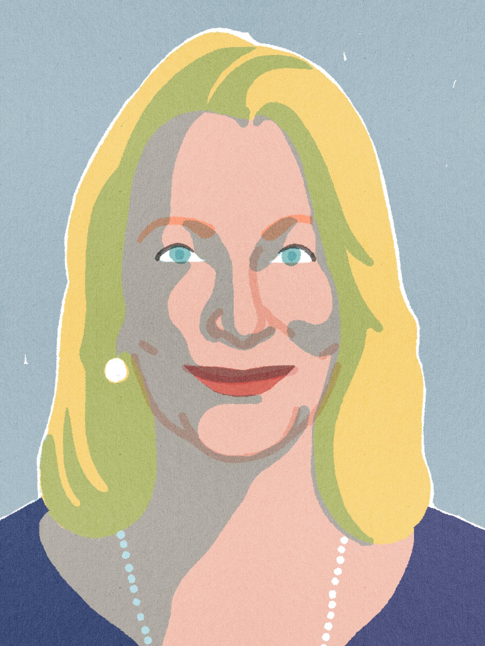 Paula Scher in front of a very large graphic poster