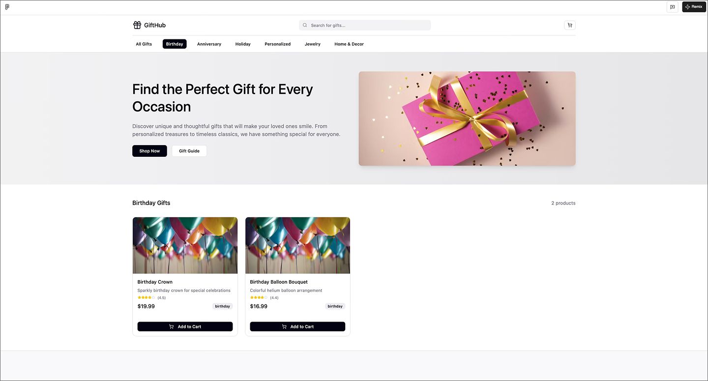 Screenshot of the gift shop website created using Figma Make.