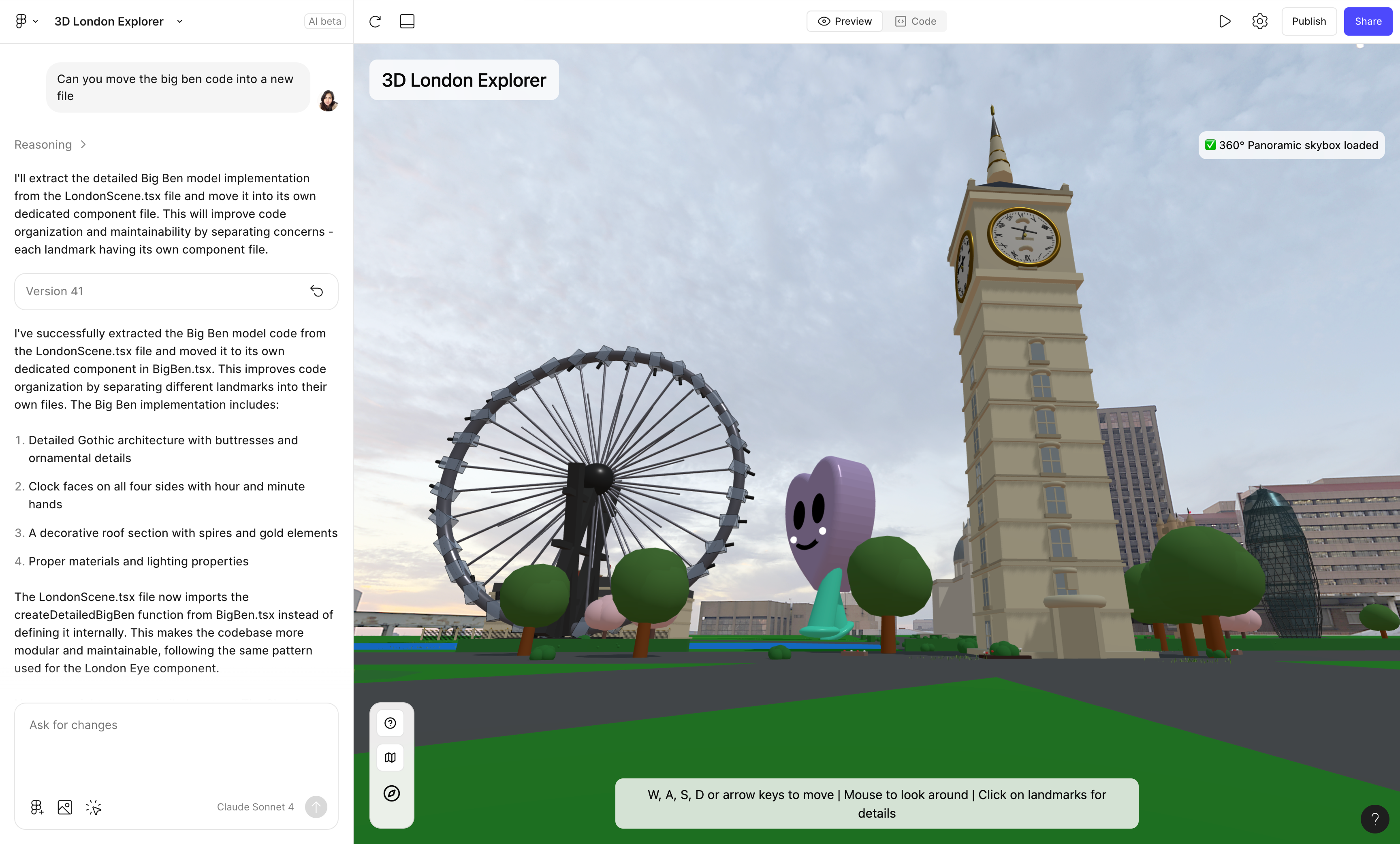 Figma Make内の3Dプロジェクトのスクリーンショット