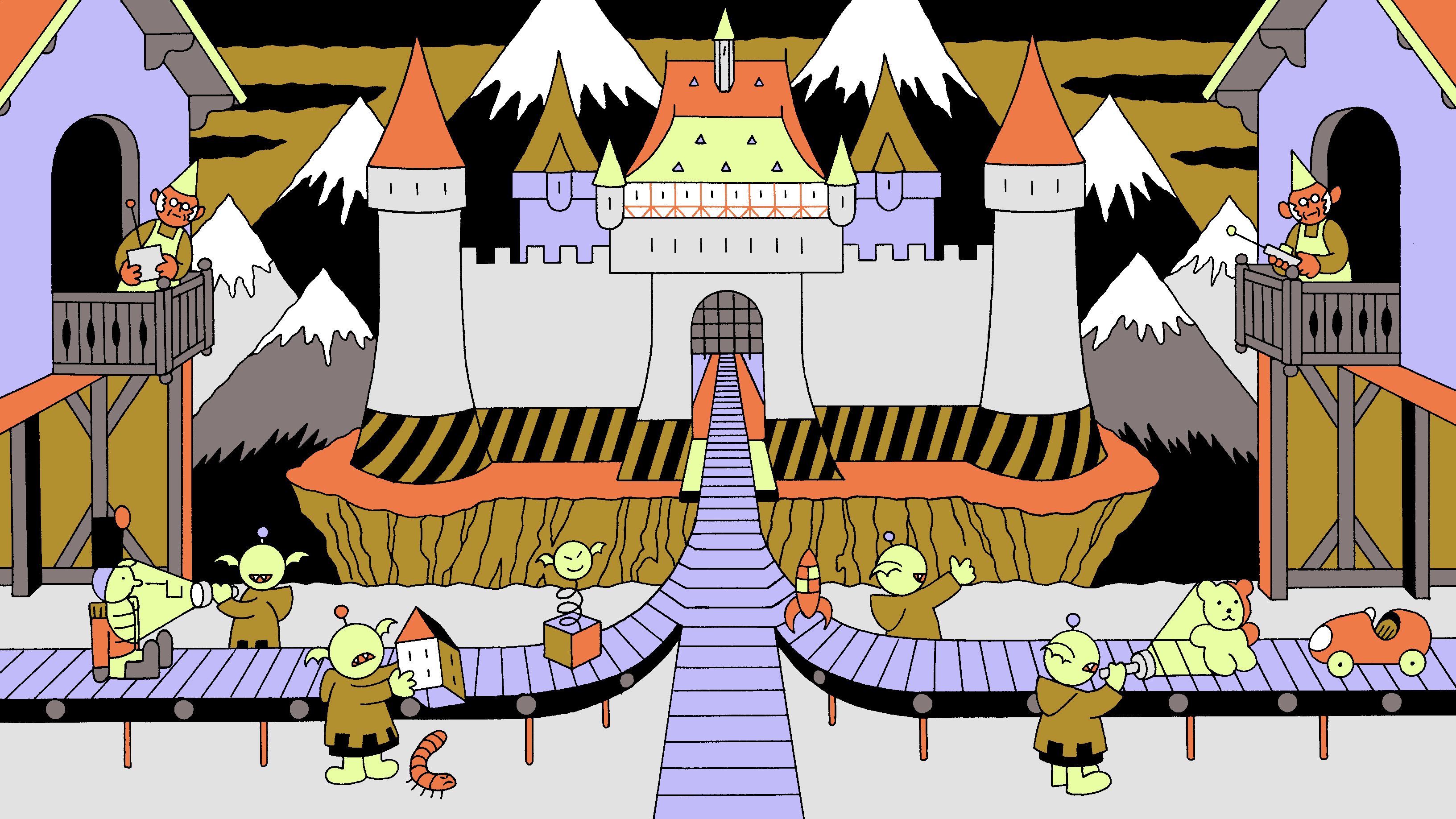 Friendly AI workers assemble and defend a castle-like software repository, symbolizing an AI-assisted secure software development pipeline.