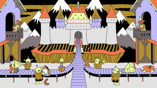Friendly AI workers assemble and defend a castle-like software repository, symbolizing an AI-assisted secure software development pipeline.