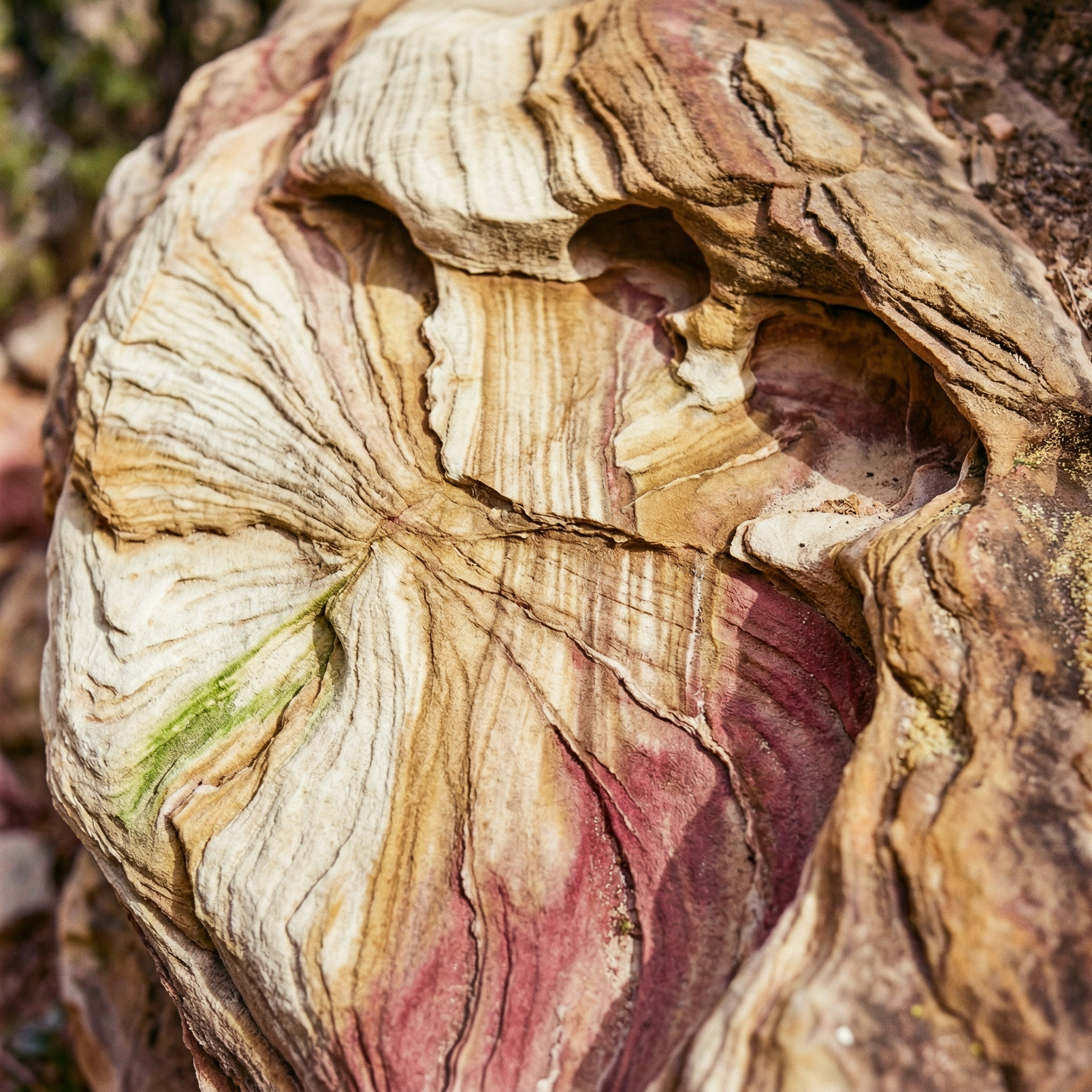 An AI-generated rock formation with swirling striations in cream, pink, and burgundy that mirror the radial structure of a flower petal. 