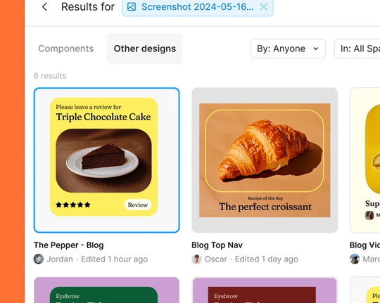 Search results interface with images of cake and pastries