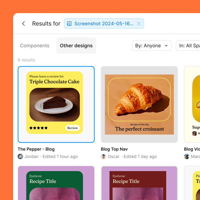 Figma UI showing how searching for a screenshot in Visual Search pulls up results like the design for a triple chocolate cake or croissant..