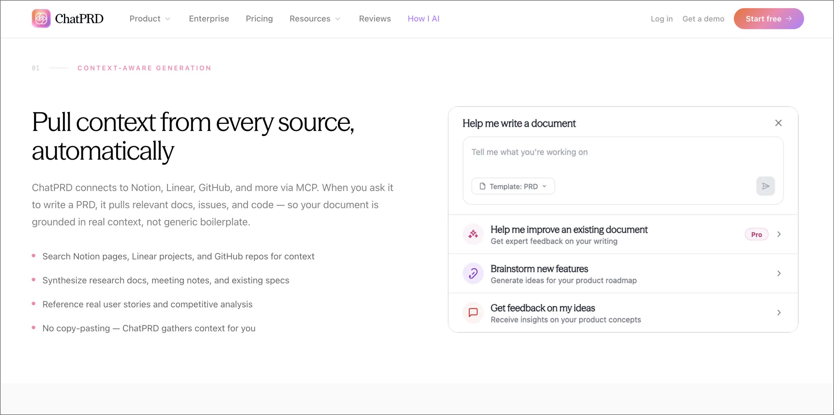 Screenshot of ChatPRD’s website