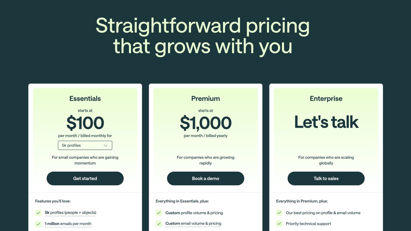 The pricing page on the Customer.io website.