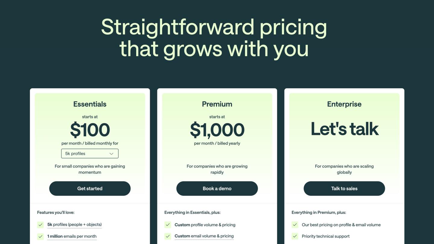 The pricing page on the Customer.io website.
