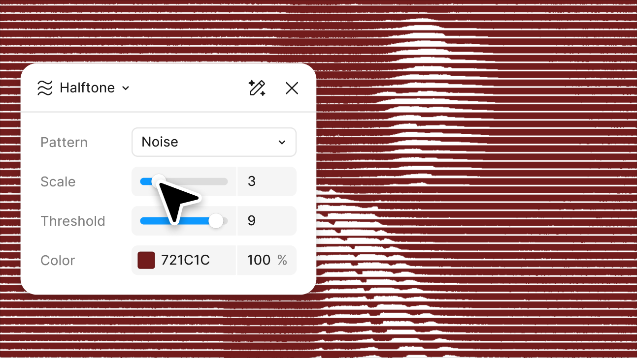 A halftone shader panel with pattern, scale, threshold, and color controls, previewing a dark red noise texture live on the canvas.