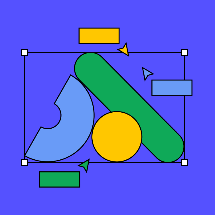 A vibrant abstract design on a bright blue background, featuring various geometric shapes. In the center is a large green diagonal rectangle, overlapping a yellow circle. To the left, a blue semicircle with a small cutout sits beside the green rectangle. A yellow rectangle appears at the top, and smaller blue and green rectangles are positioned at the sides and bottom. Black lines form a bounding box around the shapes, with small white squares at the corners and green and blue arrows pointing inward.